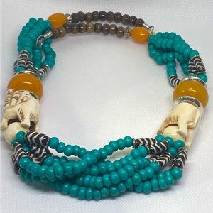 Charming Teal/Brown/Zebra Beading with Bone Elephants Necklace